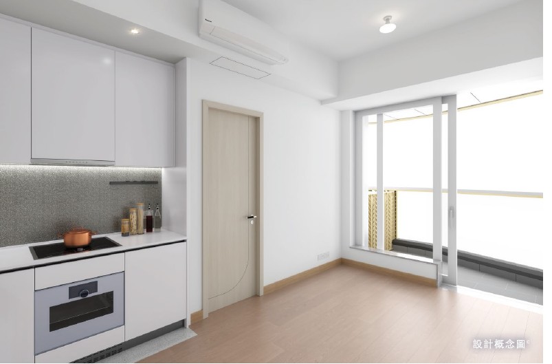 Deep Water South 6A 示範單位開放式客廳與廚房設計 連接露台空間