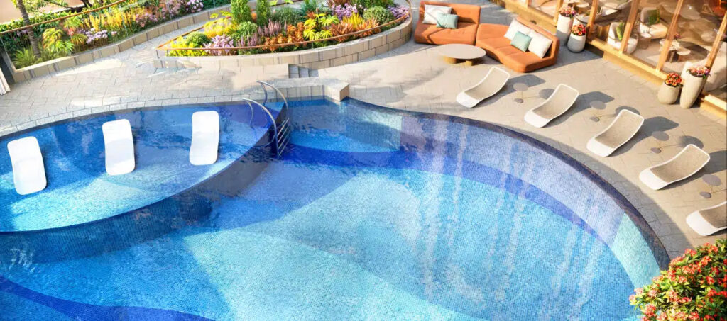 柏景峰 One Park Place 度假式園林泳池設計 戶外休閒泳池與日光躺椅