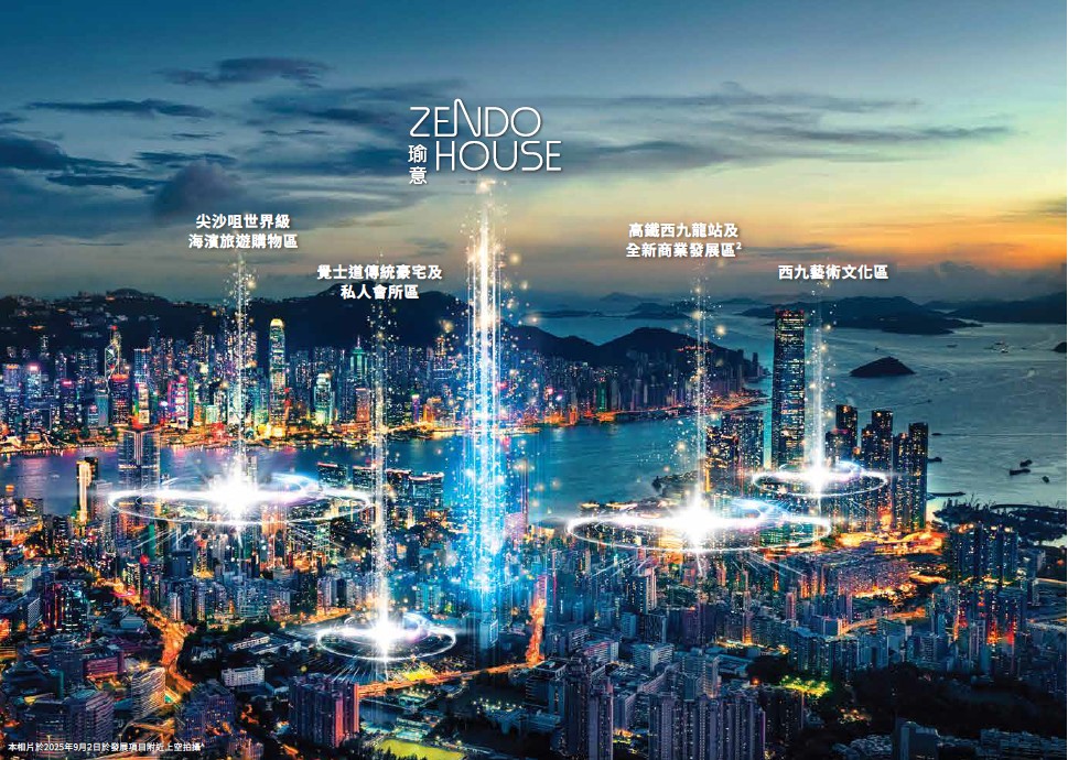 瑜意 Zendo House 尖沙咀核心地段城市夜景與西九文化區及維港景觀示意