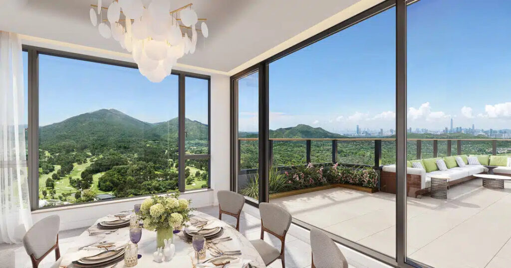 雲向 Cloudview 高層單位客飯廳連露台設計 飽覽粉嶺高爾夫球場及遠山景觀