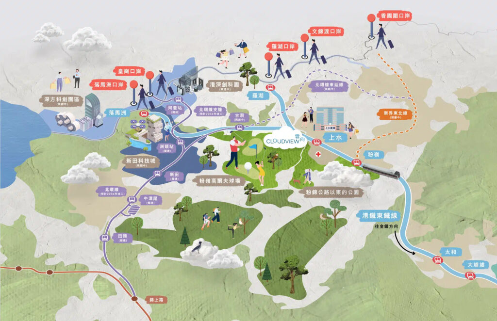 雲向 Cloudview 粉嶺區交通及生活配套示意圖 連接港鐵東鐵線及北部都會區