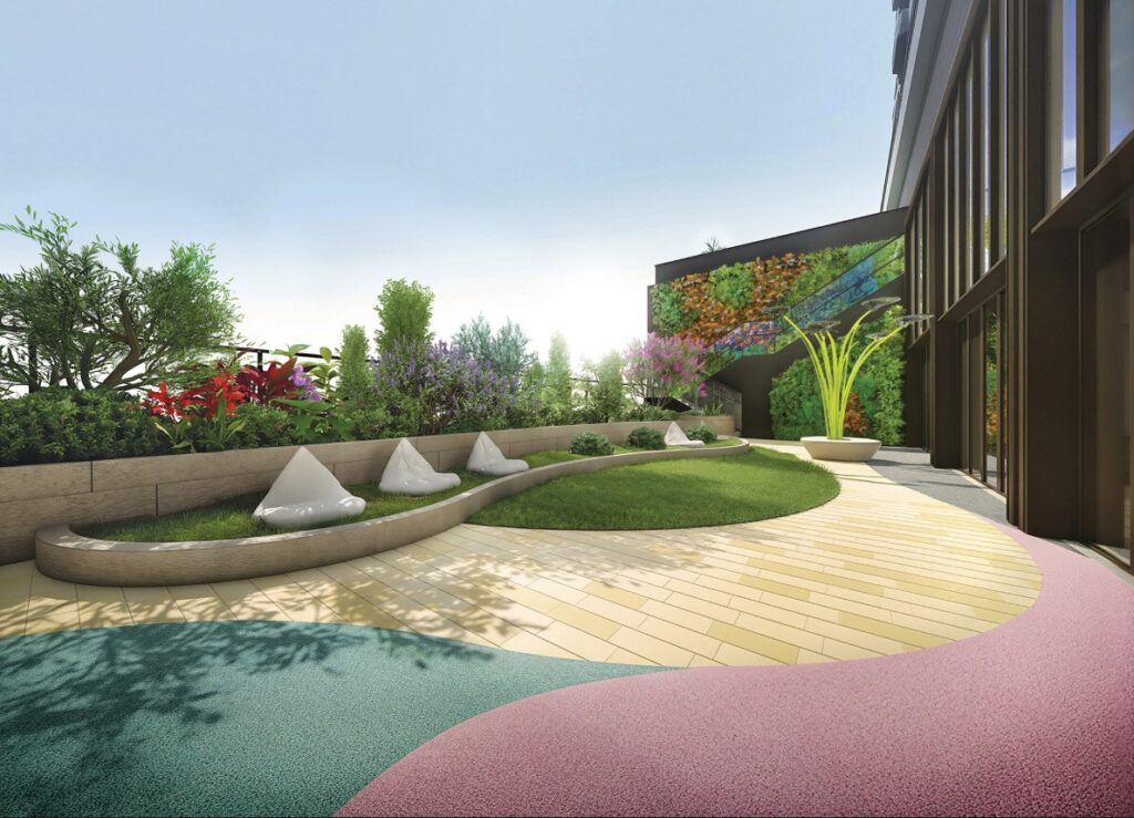 首匯 Chester 平台休閒庭園設計 曲線步道與綠化休憩區域