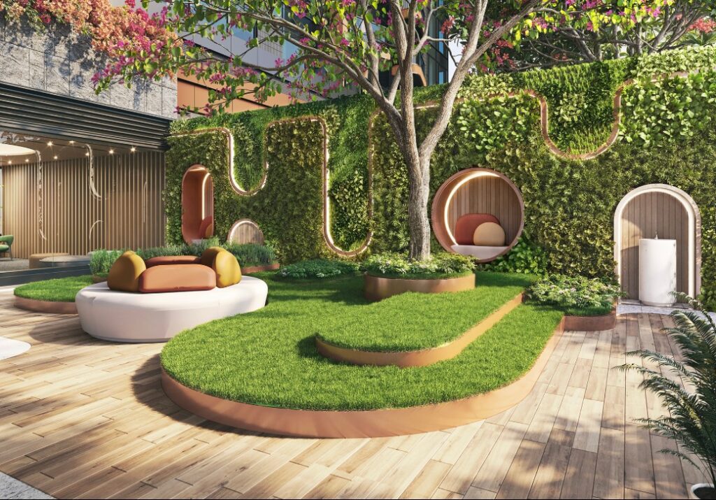 首岸第1期 One Victoria Cove Phase 1 戶外園林空間，特色休閒座椅及綠化牆設計