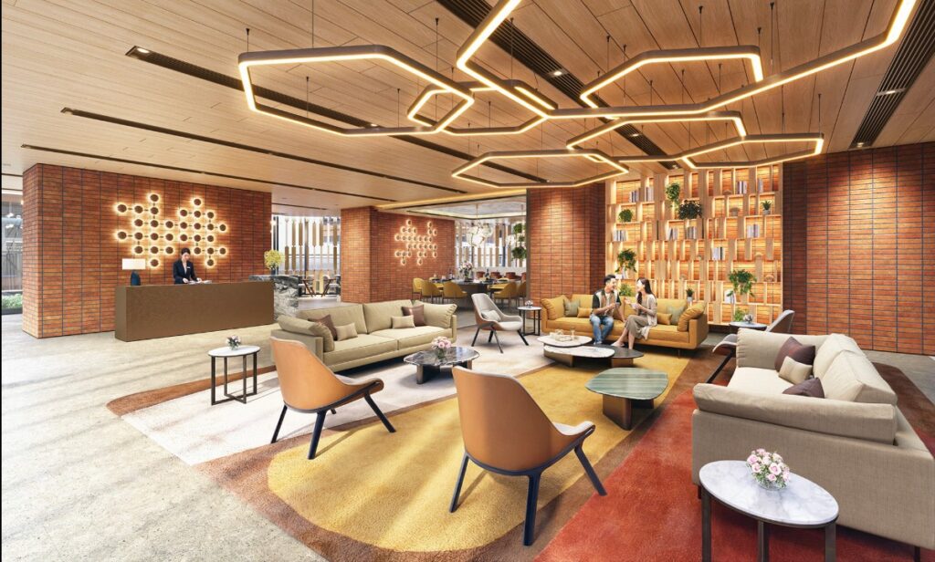 首岸第1期 One Victoria Cove Phase 1 高級會所大堂，設有接待處、舒適沙發及特色燈飾