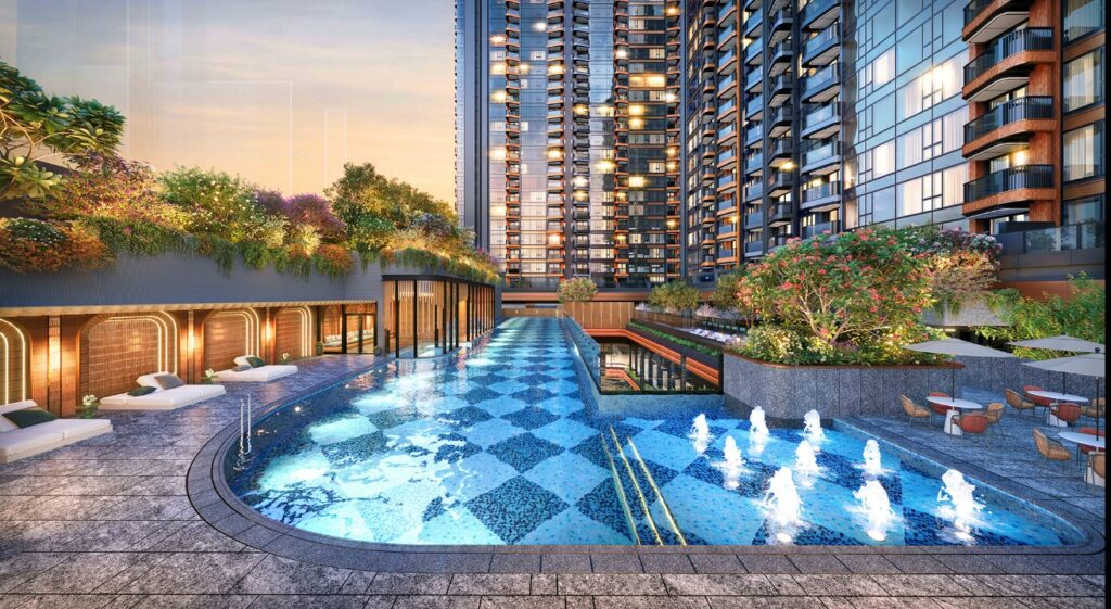 首岸第1期 One Victoria Cove Phase 1 室外泳池設施，配備休閒躺椅及綠化景觀