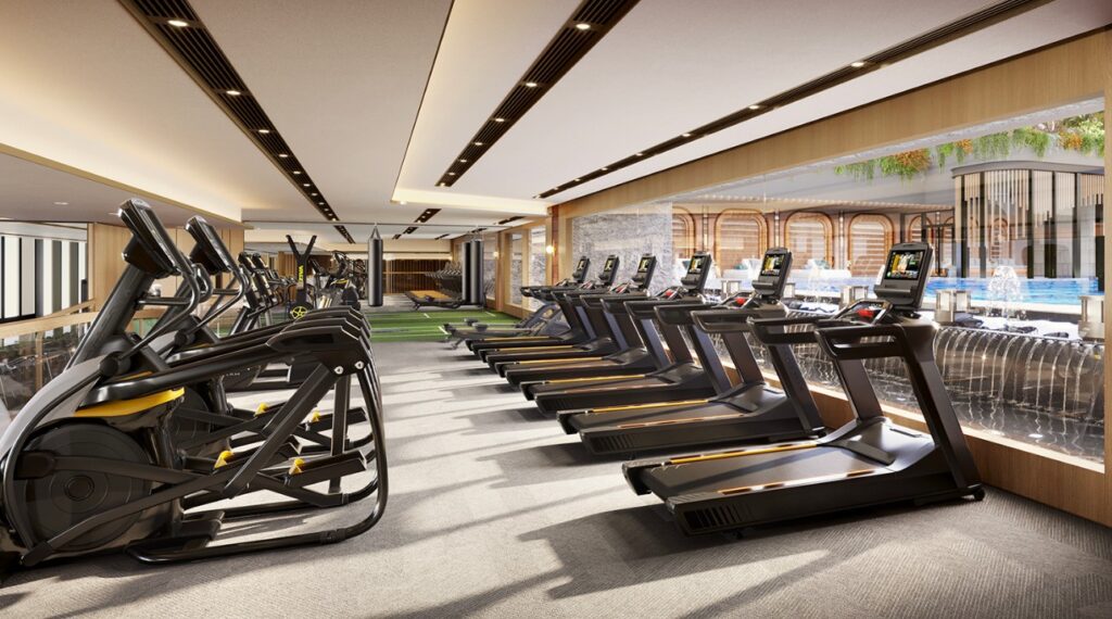 首岸第1期 One Victoria Cove Phase 1 豪華健身室設施，配備跑步機、橢圓機及落地玻璃景觀設計