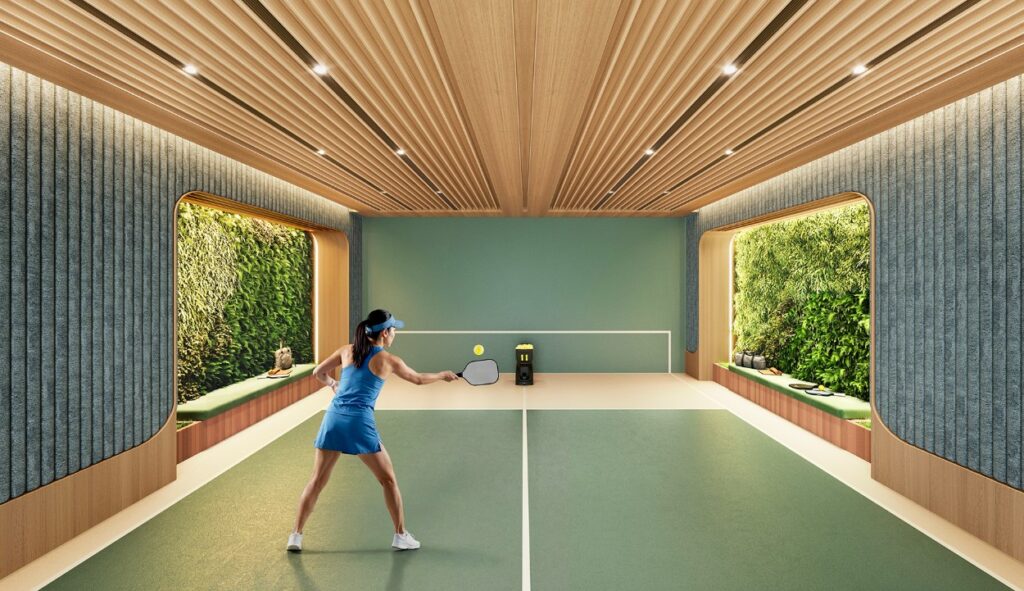 首岸第1期 One Victoria Cove Phase 1 室內運動設施，設有匹克球場及綠意牆面設計