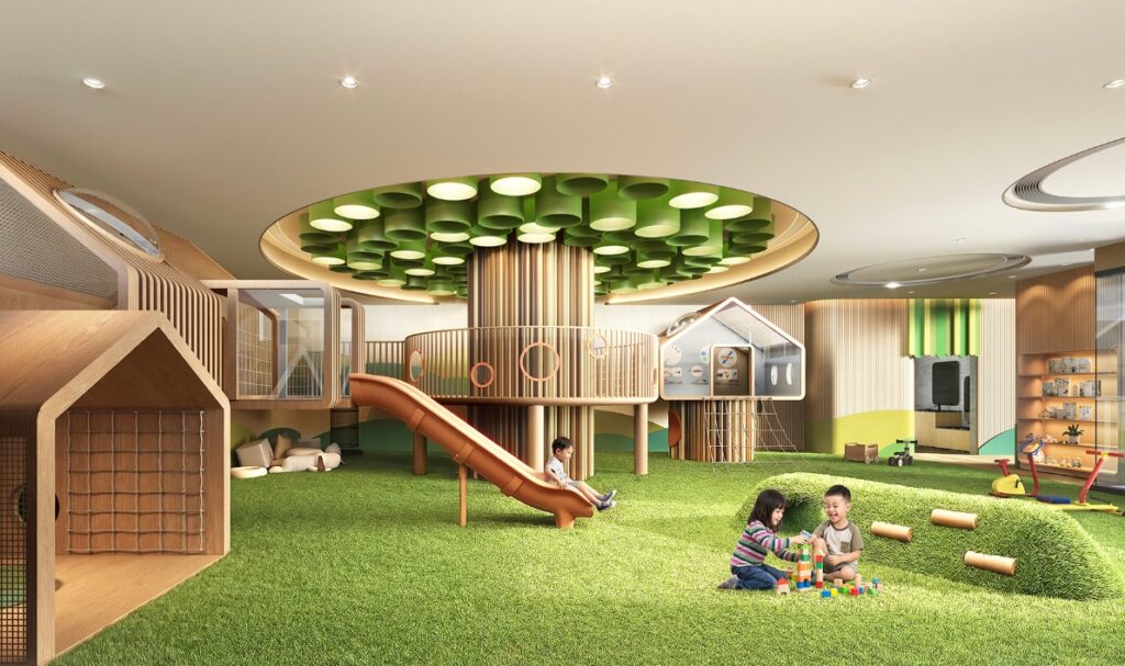 首岸第1期 One Victoria Cove Phase 1 兒童遊樂室設計，滑梯設施結合室內草地活動空間