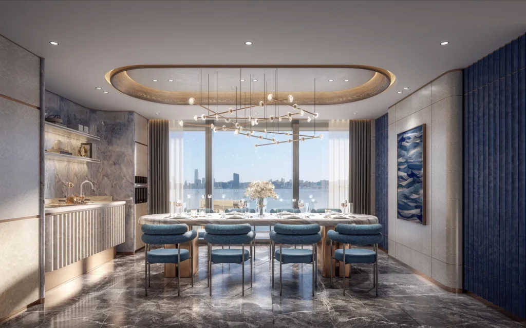 擎海I The Atlas I 會所私人宴會廳，設大型餐桌、開放式吧枱及海景落地玻璃窗