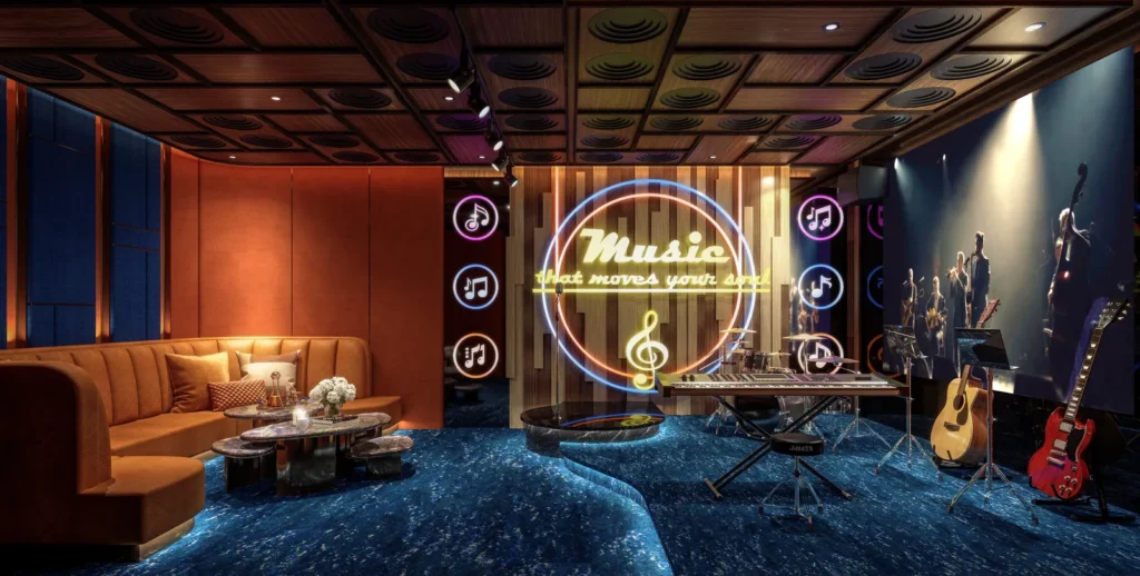 擎海I The Atlas I 會所音樂室，設舞台、電子琴、結他及特色霓虹燈裝飾